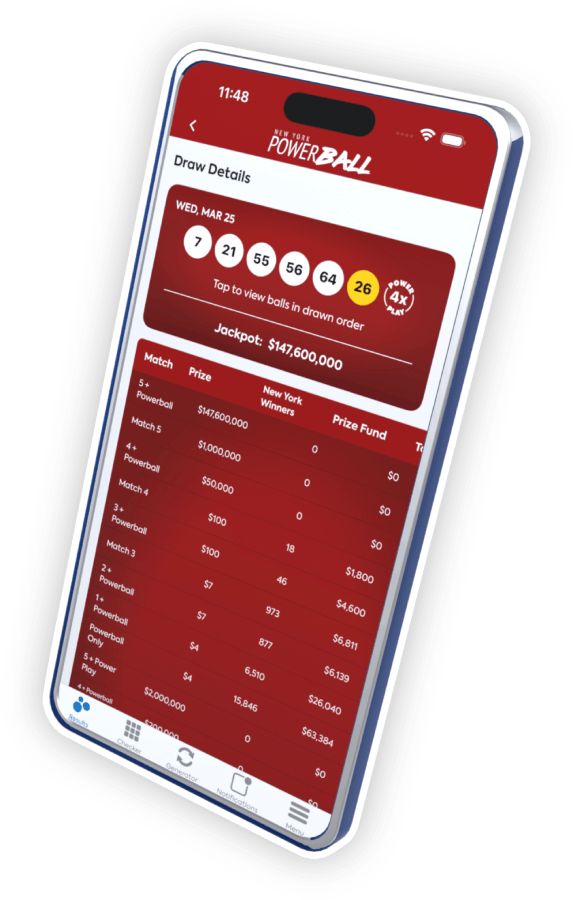 Phone with NYLottery.org App on the Powerball page